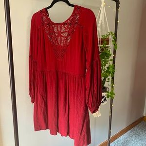 American Eagle Red Crochet Long Sleeve Dress